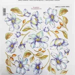 Könnte beinhalten: Ein Blatt weißes Papier mit blauen und weißen Blumenmustern. Die Muster sind Blumen mit fünf Blütenblättern und grünen Blättern. Der Text "SOSPESO TRASPARENTE" und "SERIES 3/12 ROSA VIRGO" ist auf dem Blatt gedruckt. Der Text "MONICA ALLEGRO S.R.L. - PRODUCT PATENTED - DESIGN PATENTED - Reproduction Prohibited - Copyright 2016" ist unten auf dem Blatt gedruckt.