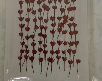 Puede incluir: Una hoja de papel rojo con pequeñas formas de tulipanes recortadas. La hoja está etiquetada con "217H-R" y "Jungle Flame wister Ixora cv. hybride L/25-35mm 100s".