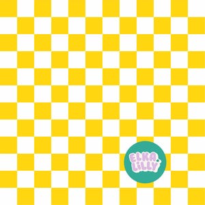 May include: A yellow and white checkered background with a teal circle containing the text "Elka Lilly" in white with a pink outline.
