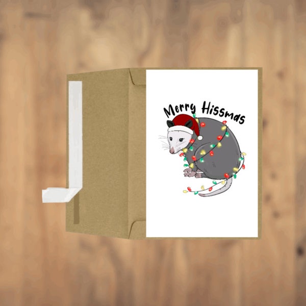 Merry Hissmas Possum Opossum Wrapped In Christmas Lights Greeting Card Christmas Card Seasonal Card Holiday Card