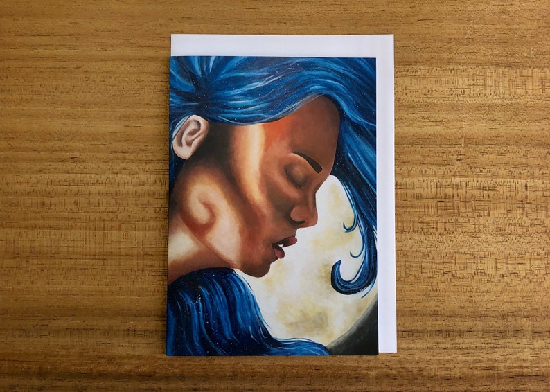 face peace Illuminate Galaxy Portrait greeting card with envelope mindfulness hair moon luna girl stars blue abstract surrealism