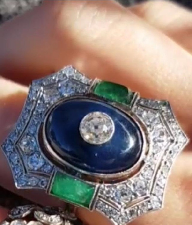 Old European Cut Diamond Cocktail Ring Green Diamond /& Sapphire Ring Art deco RingOctagon Shape Double Halo Ring Wedding Engagement Ring