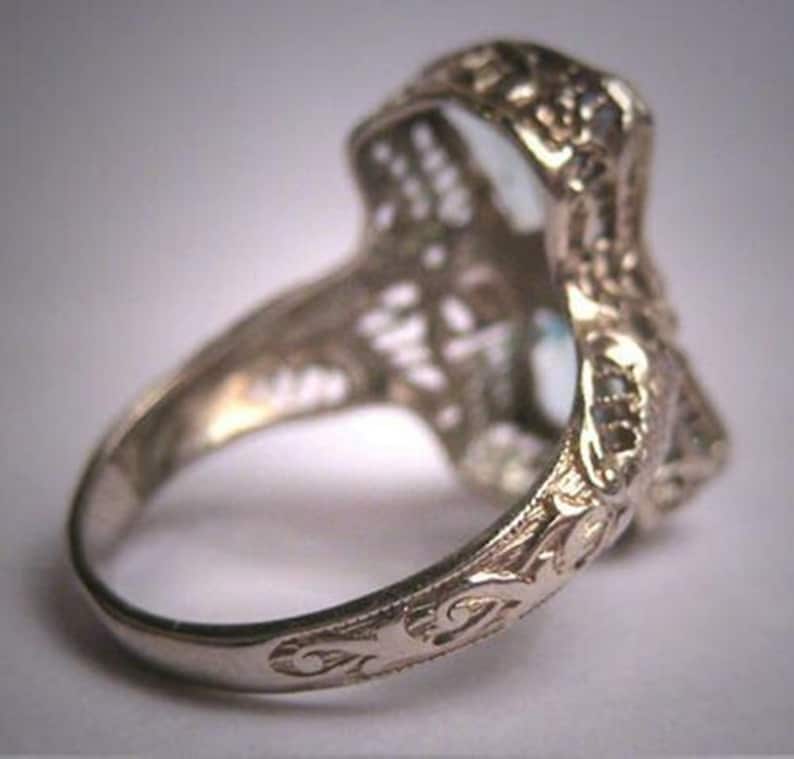 Circa 1920/'s Estate Art Deco Ring Filigree Vintage Bow Style Ring Baguette Cut Aquamarine Diamond Wedding Ring Woman/'s Engagement Ring