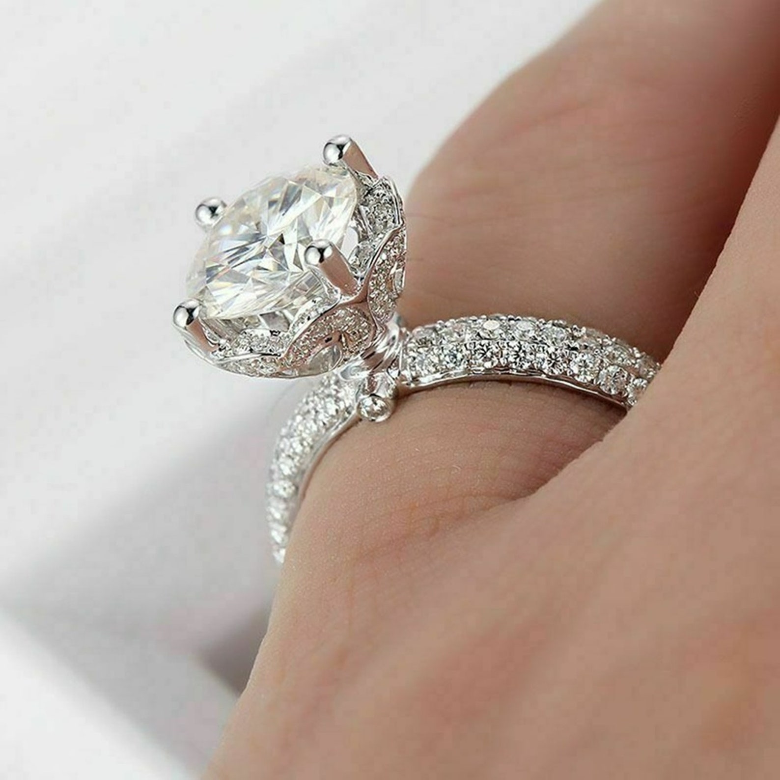 Lotus Flower Engagement Ring/ Round Cut Diamond Wedding Etsy