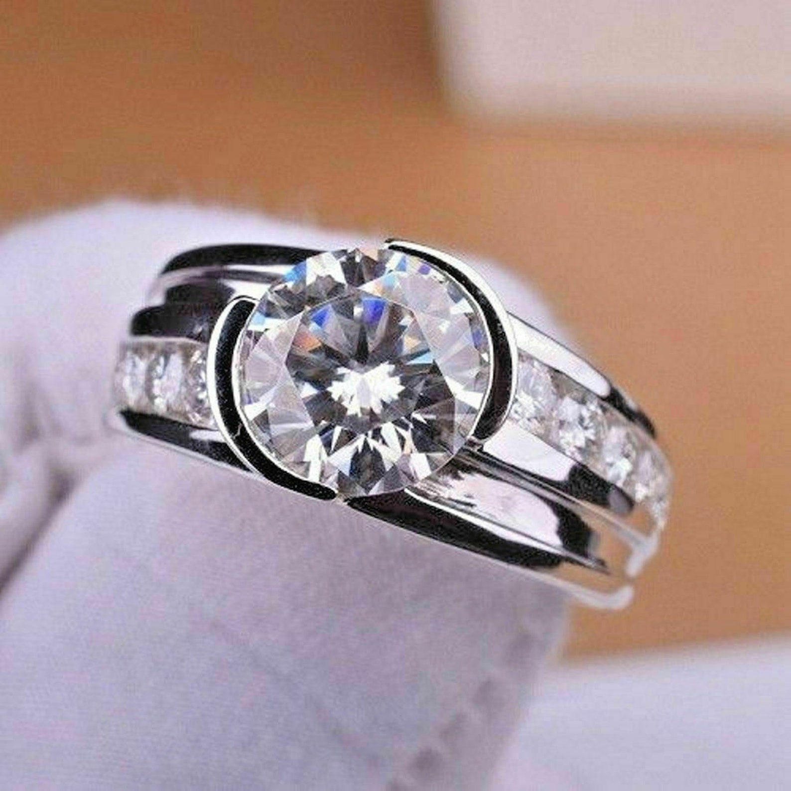 Half Bezel Set Round Cut Diamond Ring/ Channel Setting Etsy