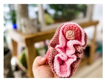 May include: A crocheted flower in shades of pink and brown. The flower has a ruffled edge and a small, round center.