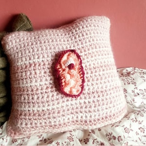 May include: A pink and white crocheted pillow with a red and orange crocheted flower applique in the center.