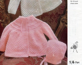 vintage baby matinee jacket bonnet set knitting pattern pdf matinee coat baby cardigan hat 18-19" 3ply 4ply fingering pdf instant download