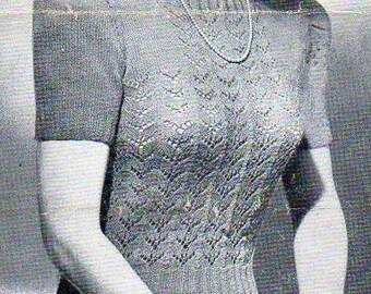 Vintage 1940s Jumper Knitting Pattern: Lacy Front, Short Sleeve (PDF Download)