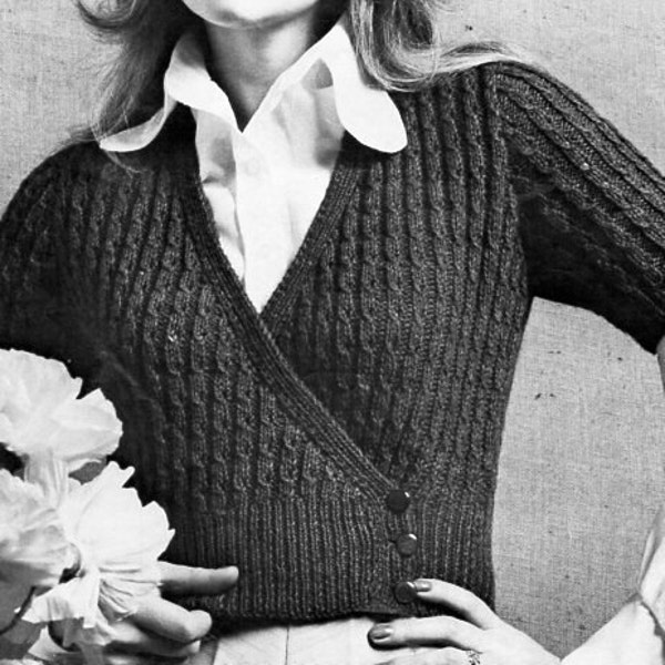 vintage womens crossover cardigan knitting pattern pdf ladies cable wraparound short sleeve top 32-38" DK 8ply pdf instant Download