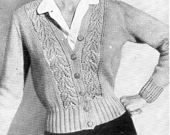 Vintage 40s Cardigan Knitting Pattern PDF, Womens Leaf Design (34-36")