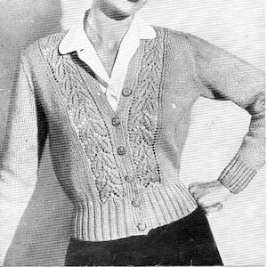 ladies cardigan knitting pattern PDF womens DK cardigan Vintage 40s leaf pattern 34-36&quot; DK light worsted 8ply instant download
