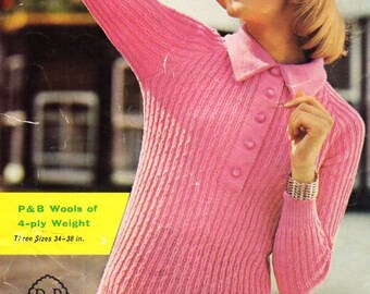 Womens sweater knitting pattern PDF womens 4ply polo shirt ribbed jumper Vintage 50s 34-38 inch 4 ply ladies knitting patterns PDF download