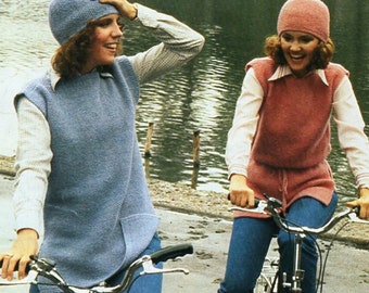 ladies tunic knitting pattern pdf womens tabard sweater jumper hat Vintage 70s 30-40 inch DK light worsted 8ply Instant download