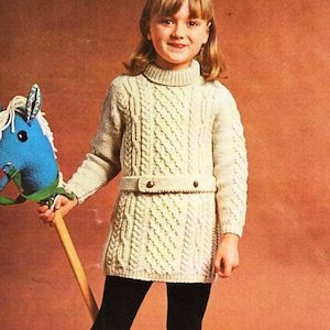 girls aran dress knitting pattern PDF girls cable dress polo neck Vintage 60s 22-29 inch aran worsted 10ply Instant download