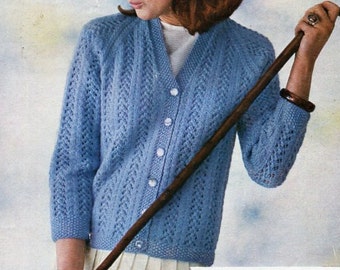 Vintage ladies cardigan knitting pattern PDF DK womens lacy v neck jacket 34-44 inch DK light worsted 8ply Instant Download