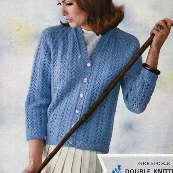 Vintage ladies cardigan knitting pattern PDF DK womens lacy v neck jacket 34-44 inch DK light worsted 8ply Instant Download