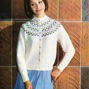 Womens fair isle cardigan knitting pattern pdf ladies fairisle jacket fair isle yoke vintage 34-40&quot; 4ply fingering pdf instant download