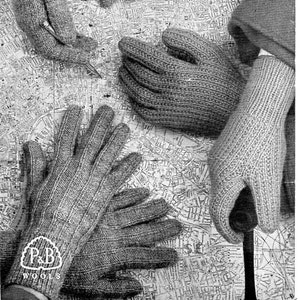 May include: Three pairs of gloves in a black and white image. The gloves are made of a knitted fabric. The image has the text "Three Pairs of Men's Gloves by P&B" and the number "654-6d".