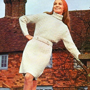 Womens aran dress knitting pattern pdf womens aran dress polo neck Vintage 70s 32-39 inch aran worsted 10ply Instant Download