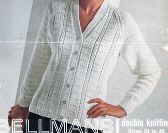 Vintage ladies cardigan knitting pattern PDF DK womens v neck patterned jacket 32-40 inch DK light worsted 8ply Instant Download