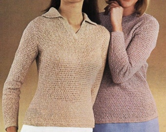 vintage womens sweater knitting pattern PDF ladies jumper with collar 34-40" 4ply fingering cotton Instant Download