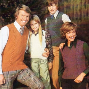 womens mens childrens slipover knitting pattern PDF DK ladies cable pullover v neck Vintage 70s 24-46 inch DK light worsted 8ply Download