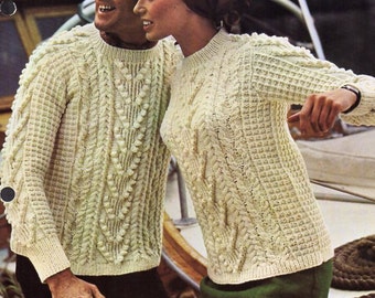 womens / mens aran sweater knitting pattern pdf ladies aran jumper round neck Vintage 60s 32-38 inch aran worsted 10ply Instant Download