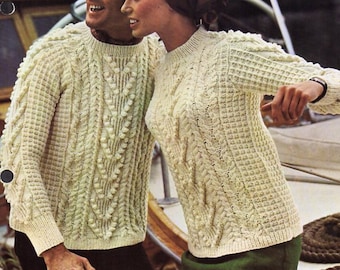 Vintage 60s Aran Sweater Knitting Pattern PDF, 32-38 Inch (Instant Download)