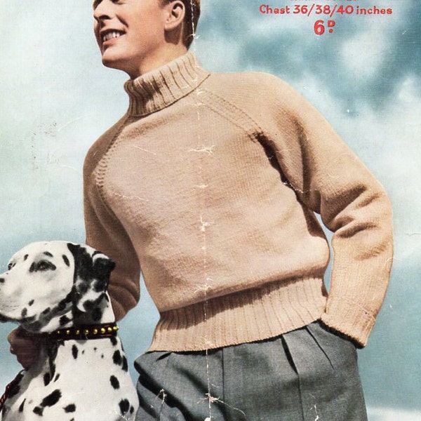 vintage mens polo neck sweater knitting pattern pdf DK roll neck jumper 36-40 inch DK light worsted 8ply pdf Instant Download