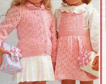 baby girls cardigan pinafore knitting pattern pdf 4ply girls lacy dress jacket Vintage 70s 18-22 inch 4ply fingering pdf instant download