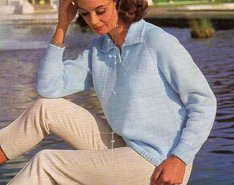 womens polo shirt knitting pattern pdf DK ladies sweater with collar Vintage 60s 32-38 inch DK light worsted 8ply Instant Download