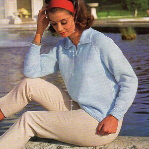 May include: A light blue knitted sweater with a collared neckline. The sweater is worn by a person sitting on a stone ledge by a pond. The text "SIRDAR 2095 9d" is visible in the upper right corner of the image.