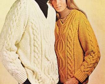 womens mens aran sweater knitting pattern pdf chunky v neck cable jumper Vintage 60s 34-44 inch chunky bulky pdf Instant download