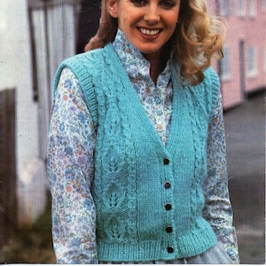 womens waistcoat knitting pattern pdf ladies cable waistcoat sleeveless cardigan vest Vintage 70s 30-40&quot; aran worsted 10ply download