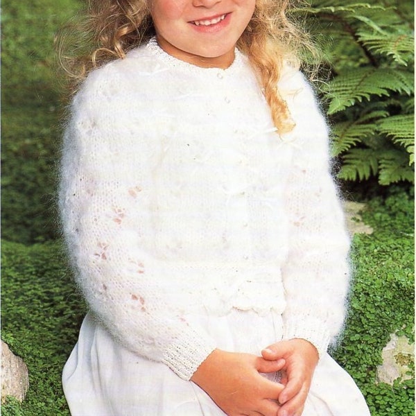 girls mohair cardigan KNITTING PATTERN pdf download childrens lacy mohair jacket round neck 20-30 inch mohair DK / light worsted /8ply yarn