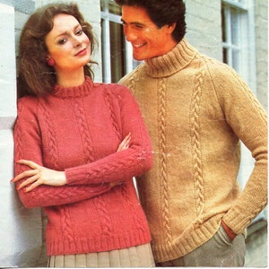 womens mens sweater knitting pattern PDF DK ladies cable jumper polo or crew neck Vintage 70s 24-44 inch DK light worsted 8ply download