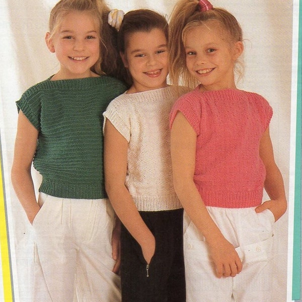 girls summer tops KNITTING PATTERN pdf download childs easy knit short sleeve sweater 24-34 inch chest DK / light worsted / 8ply yarn