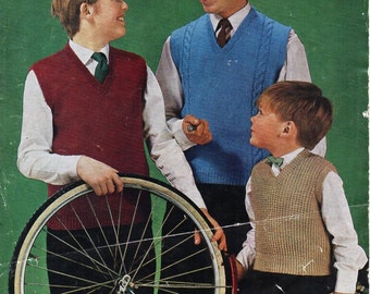 vintage childrens slipovers knitting pattern PDF boys sleeveless sweaters pullovers 26-34&quot; DK light worsted 8ply Instant download