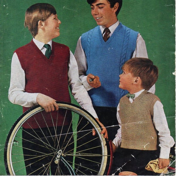 vintage childrens slipovers knitting pattern PDF boys sleeveless sweaters pullovers 26-34" DK light worsted 8ply Instant download