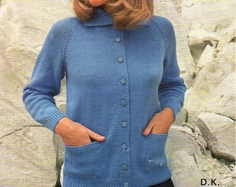 vintage ladies cardigan knitting pattern pdf womens DK jacket with collar 34-38 inch DK light worsted 8ply Instant Download