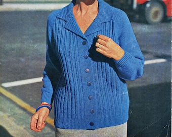 vintage womens jacket knitting pattern pdf DK ladies cardigan with lapels ribbed 38-42 inch DK light worsted 8ply instant download