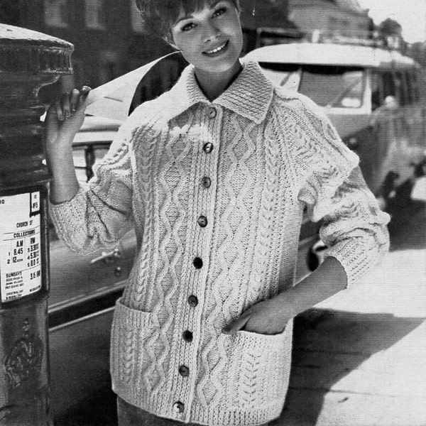 vintage womens aran jacket knitting pattern pdf ladies cable cardigan pockets collar 1960s 34-36 inch aran worsted 10ply Instant Download