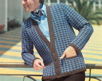 vintage mens crochet cardigan crochet pattern pdf mans crochet jacket 34-44 inch aran 10ply worsted pdf instant download
