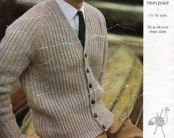 mens cardigan knitting pattern pdf DK or chunky mens cardigan ribbed jacket v neck Vintage 60s 36-46 inch DK 8ply chunky 12ply download