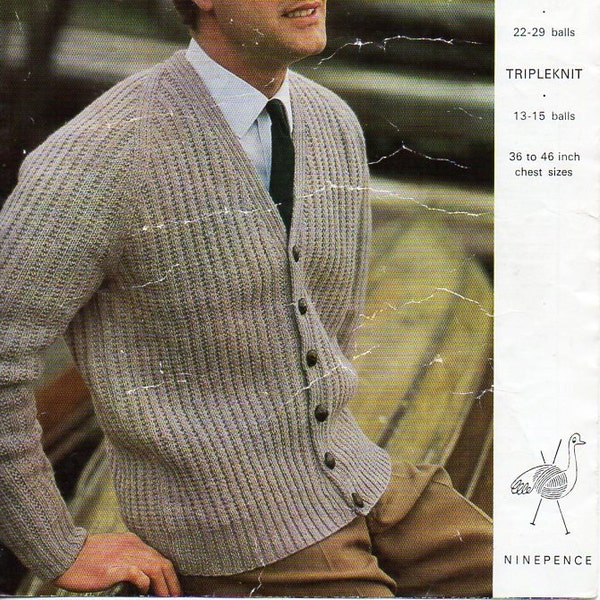 mens cardigan knitting pattern pdf DK or chunky mens cardigan ribbed jacket v neck Vintage 60s 36-46 inch DK 8ply chunky 12ply download