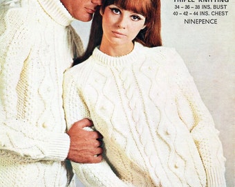vintage womens mens aran sweaters knitting pattern pdf ladies cable jumper polo or crew neck 34-44" aran worsted 10ply pdf instant download