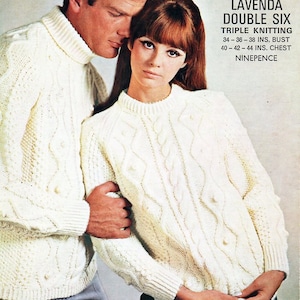 vintage womens mens aran sweaters knitting pattern pdf ladies cable jumper polo or crew neck 34-44&quot; aran worsted 10ply pdf instant download