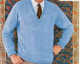 mens knitting pattern pdf DK mens sweater cable panel v neck jumper Vintage 60s 36-42 inch DK light worsted 8ply Instant Download