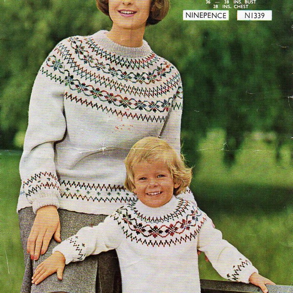 womens childrens fair isle sweater knitting pattern pdf ladies fairisle jumper fair isle yoke 28&36-38" DK 8ply instant download